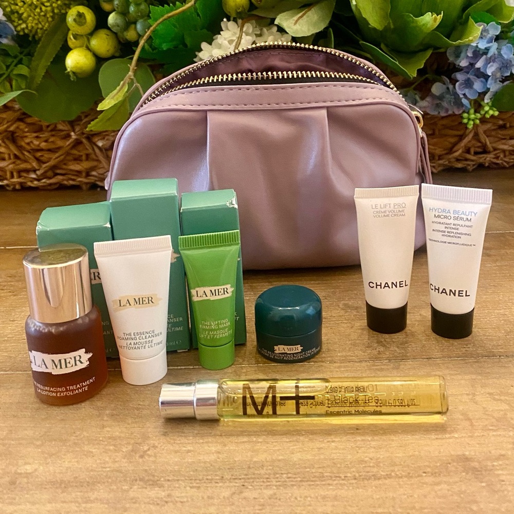 NWT La Mer & Chanel sample bottles & large Eccentric Molecules spray & bag